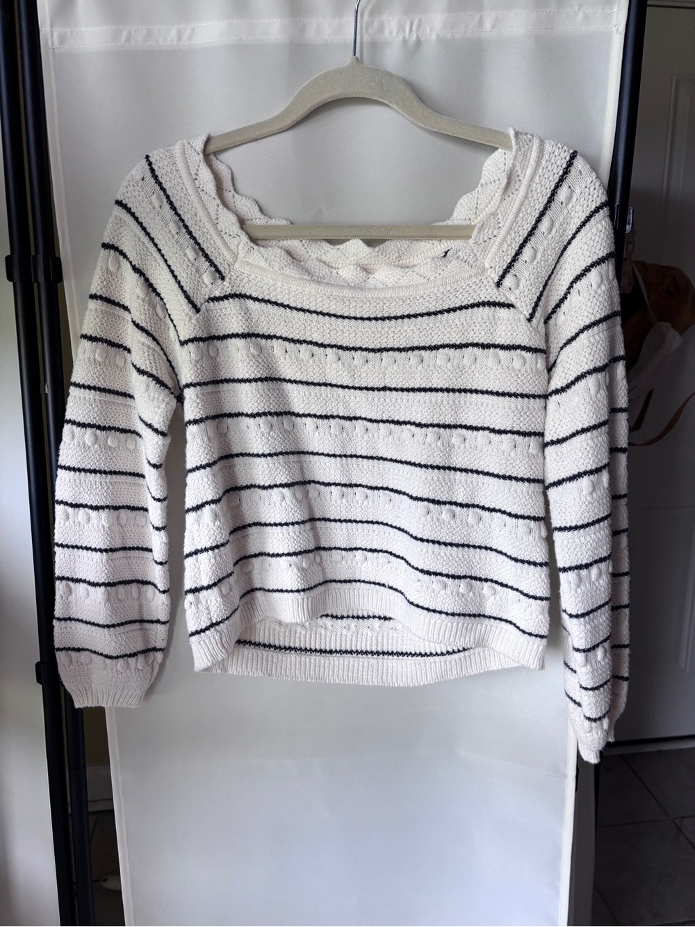 Anthropologie Marine Layer Cream Sweater with Black Stripes and Square Neck